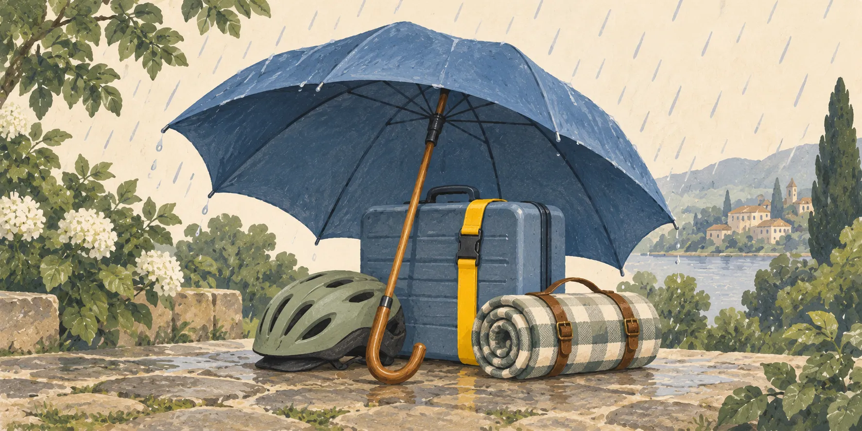 Un grand parapluie bleu abrite une valise, un casque de vélo et une couverture de pique-nique sous la pluie.