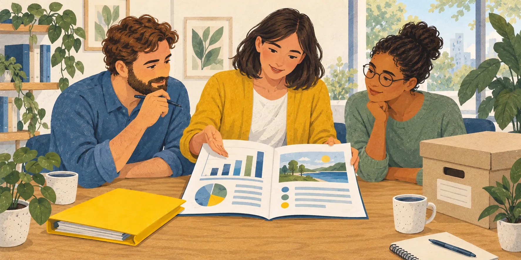 Une élue présente un rapport d'activité à deux collègues, avec un dossier jaune et une boîte d'archives sur la table.