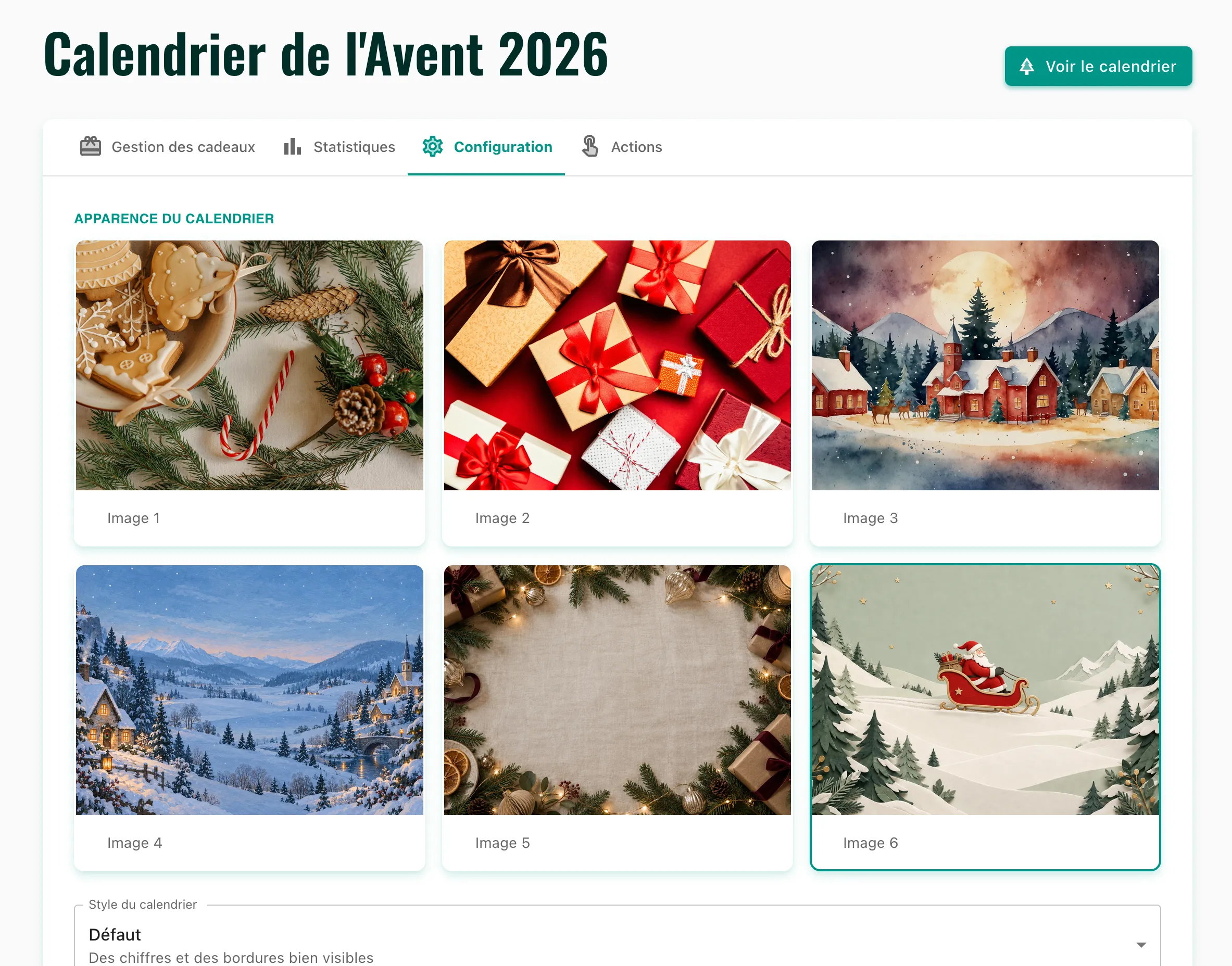 L’onglet Configuration du calendrier de l’Avent, avec six décors au choix et le sélecteur de style.