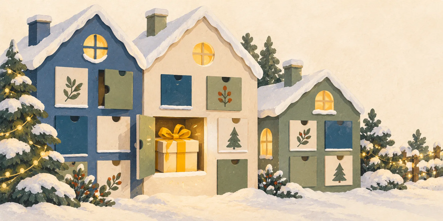 Un calendrier de l’Avent en forme de village enneigé, dont une porte ouverte révèle un cadeau au ruban jaune.