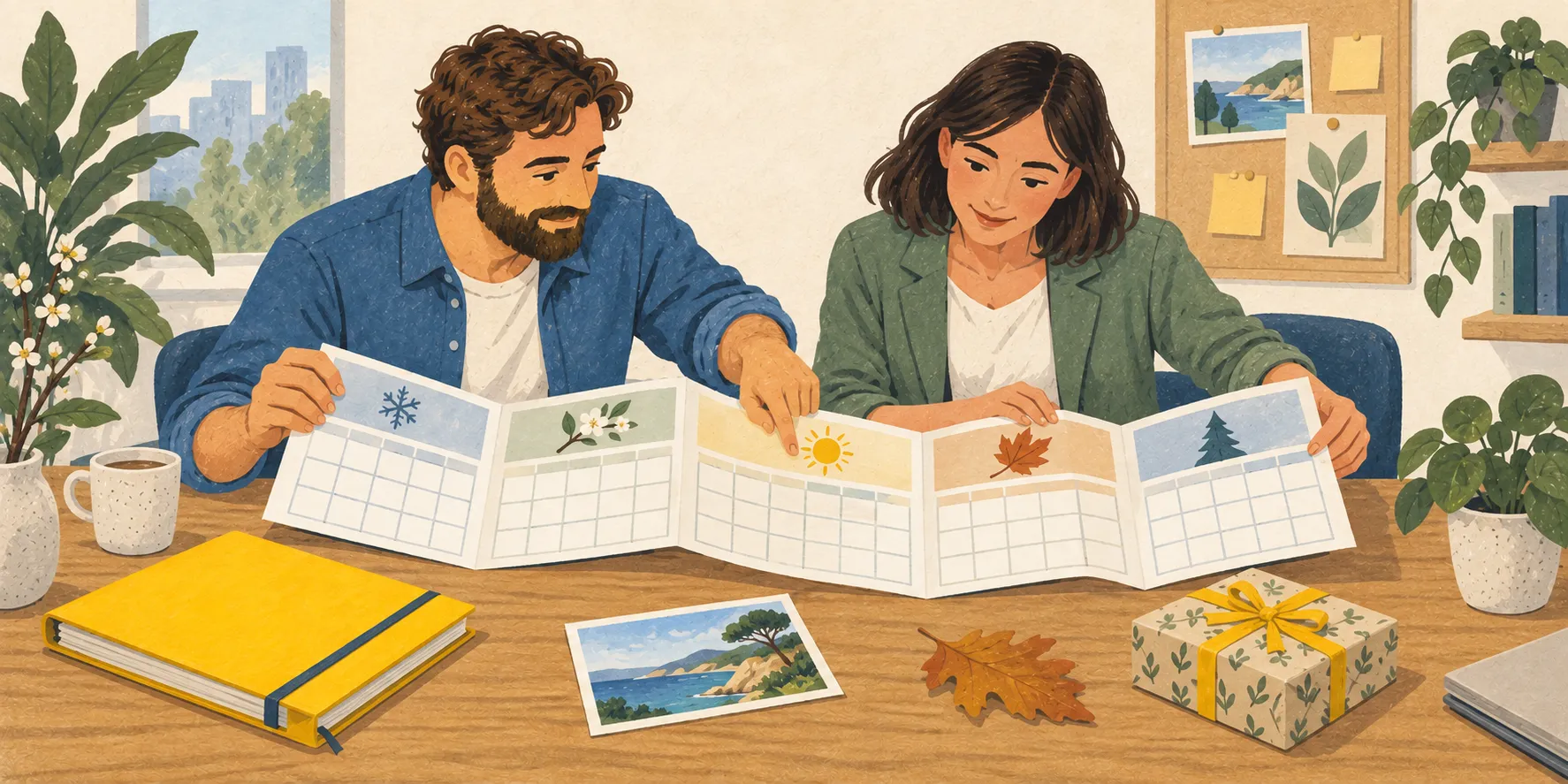 Deux élus organisent un calendrier déplié avec des objets évoquant les quatre saisons et un cahier jaune.