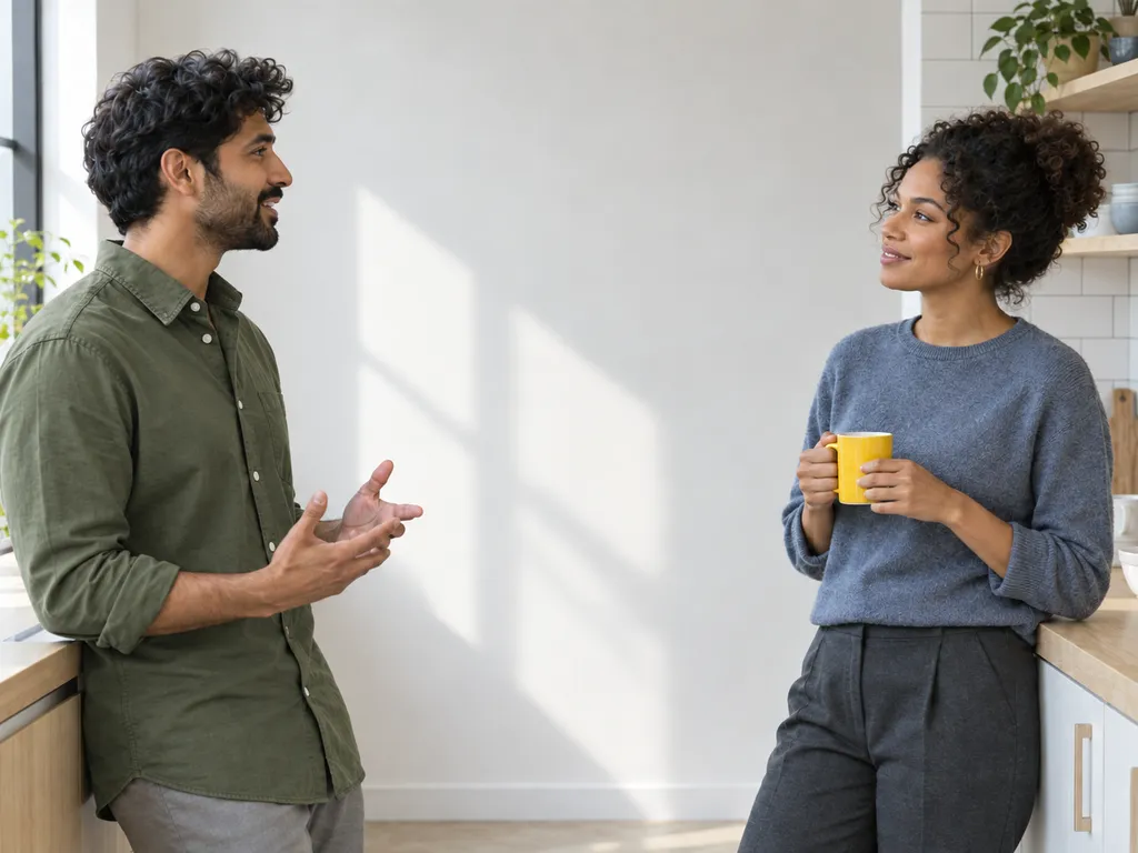 Deux collègues discutent, une tasse à la main, dans la cuisine du bureau