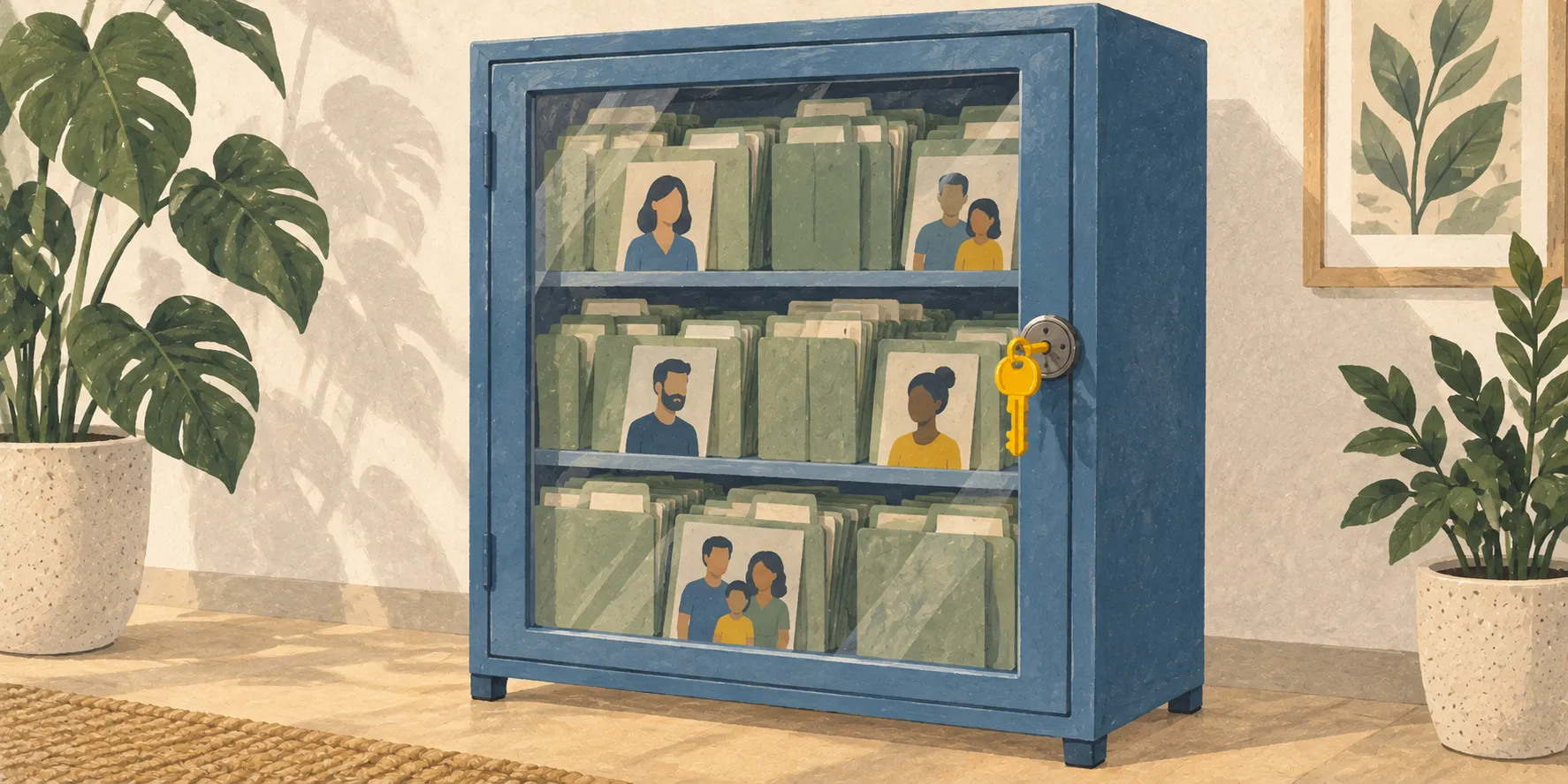 Une armoire d'archives bleue protège des dossiers et des fiches de bénéficiaires derrière une porte vitrée fermée à clé.