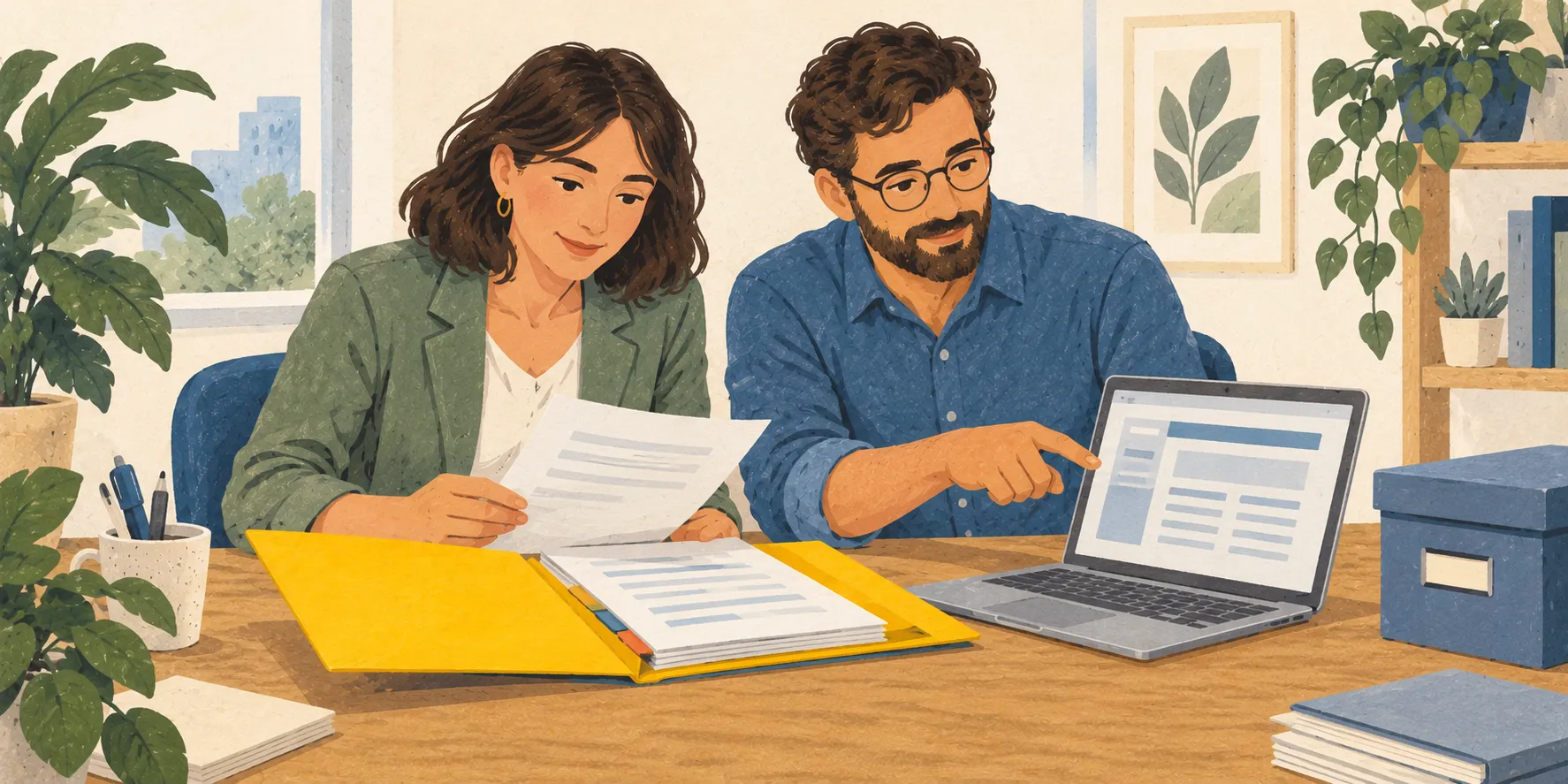 Deux élus comparent une facture sur ordinateur avec des documents dans un dossier jaune, près d'une boîte d'archives.