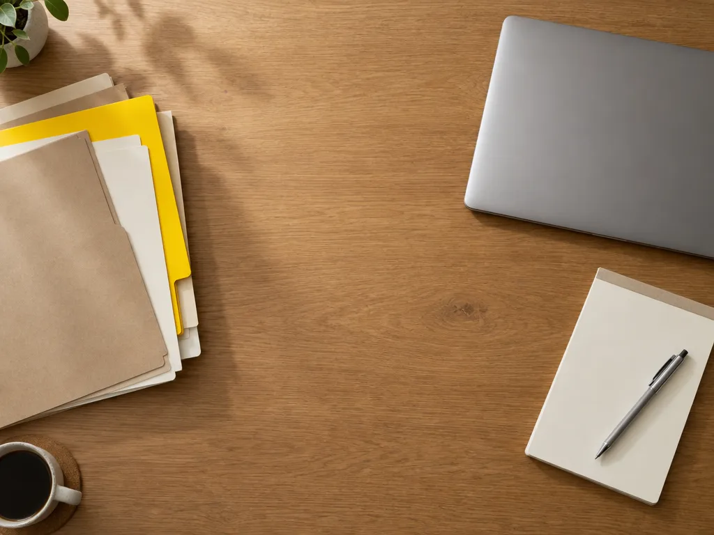 Des dossiers, un ordinateur portable et un carnet posés sur un bureau