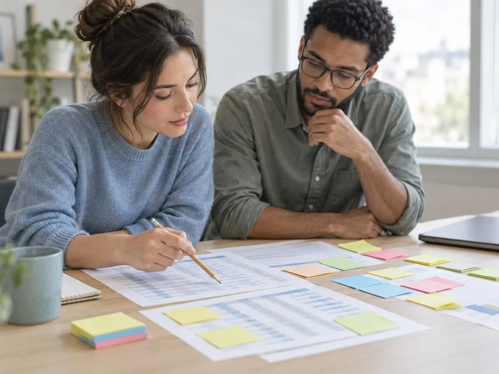 Deux collègues trient des tableaux imprimés et des notes de couleur