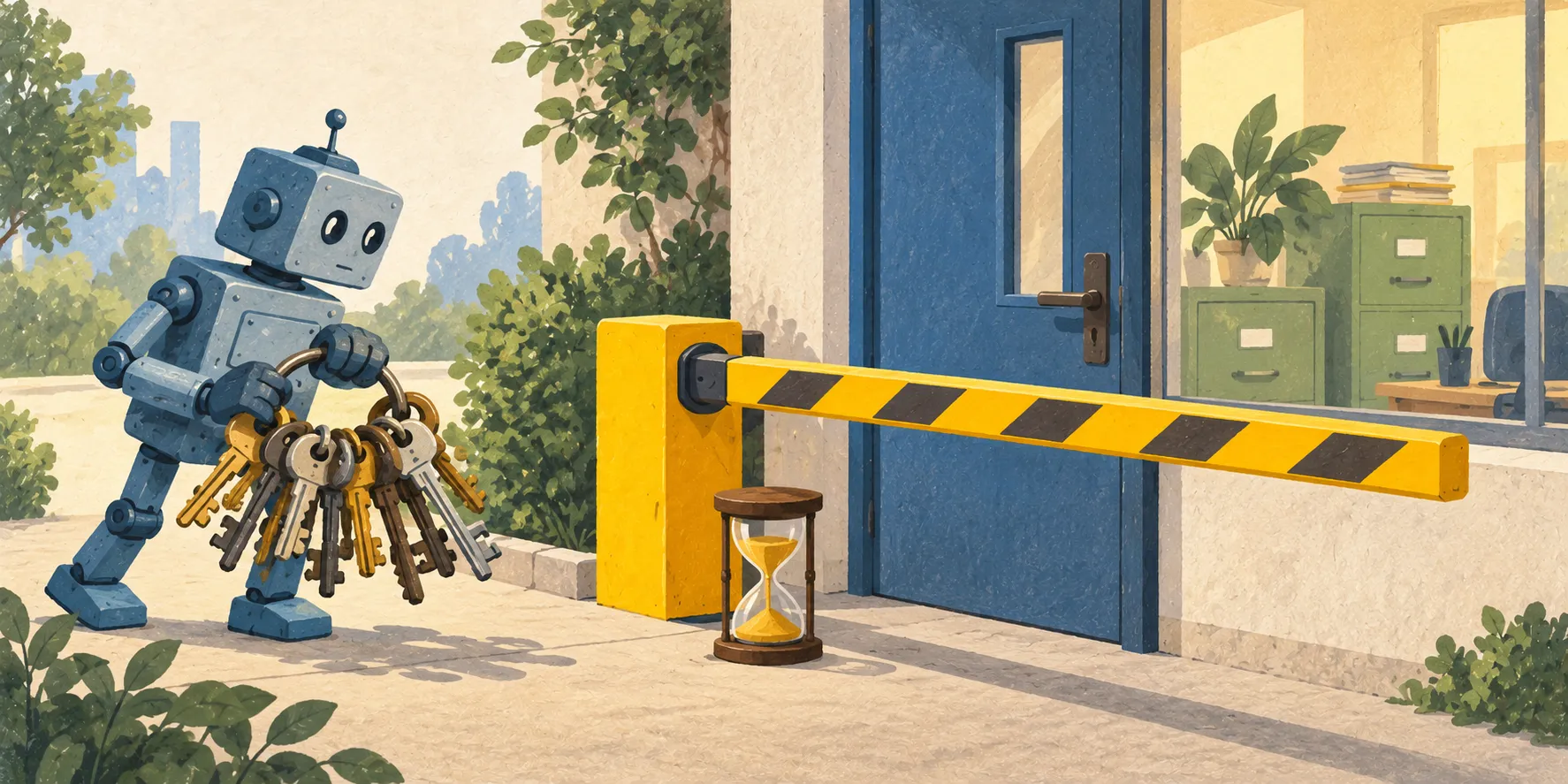 Un robot muni d'un trousseau de clés attend devant une barrière jaune et une porte de bureau, près d'un sablier.