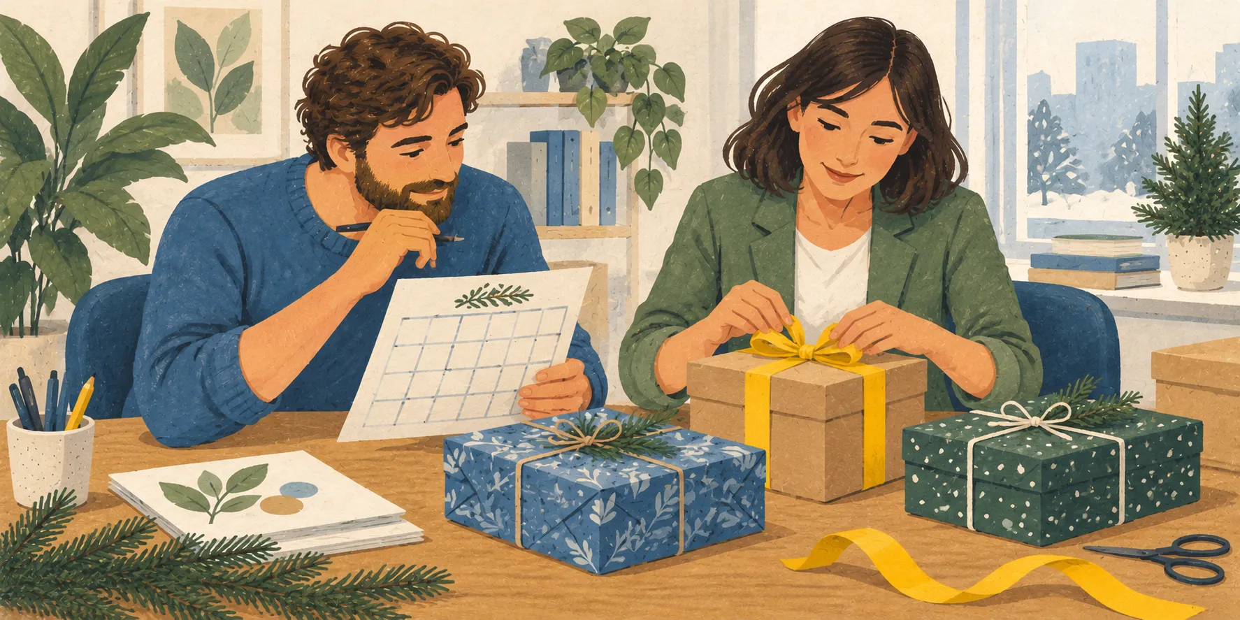 Deux élus préparent des cadeaux de Noël près d'un calendrier sans chiffres et d'un paquet au ruban jaune.