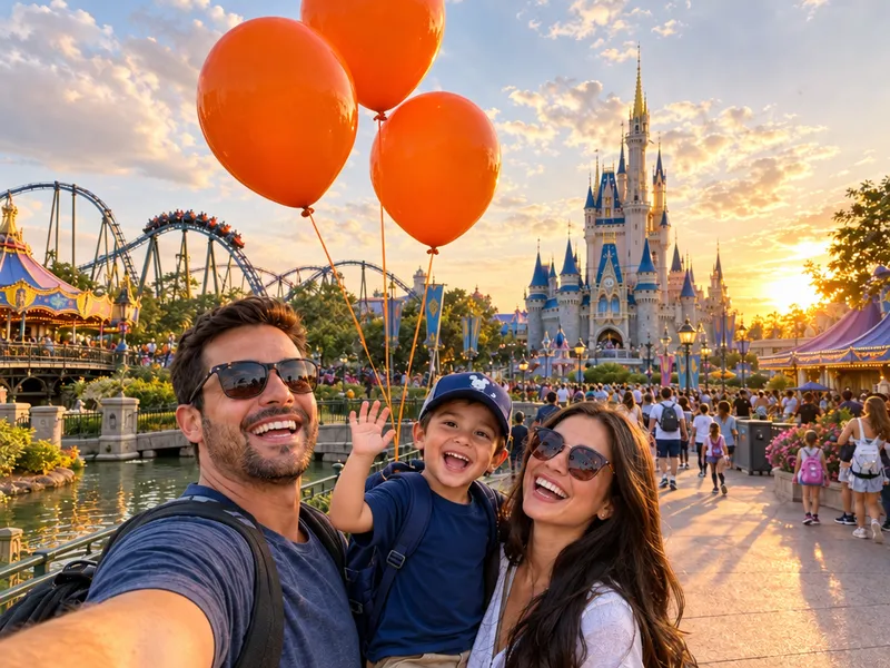 Une famille se photographie devant le château d'un parc d'attractions