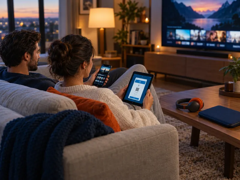 Un couple sur un canapé, une tablette et un téléphone en main devant un écran de télévision