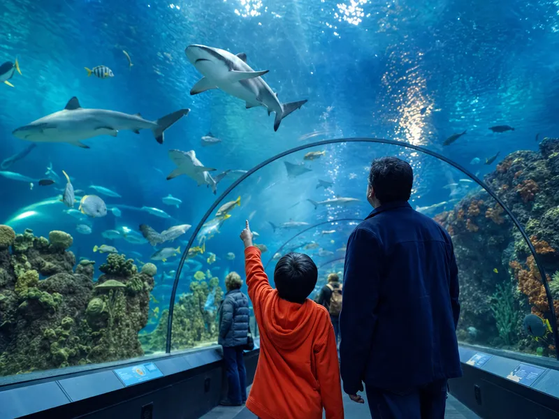Des visiteurs devant le bassin d'un aquarium